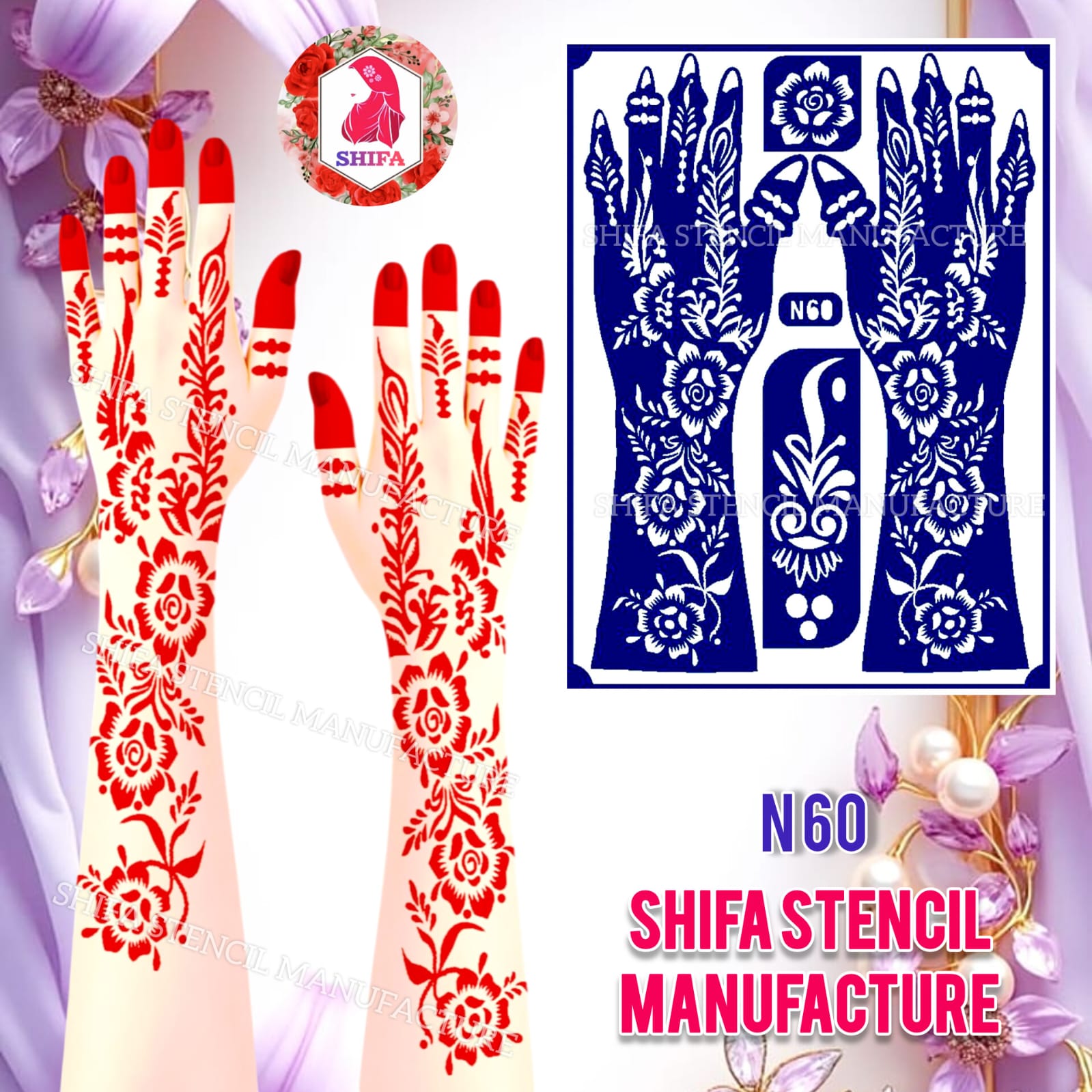 N60 Blossom Trail Grace Henna Sticker Overview Henna Stencil - Shifa Stencil